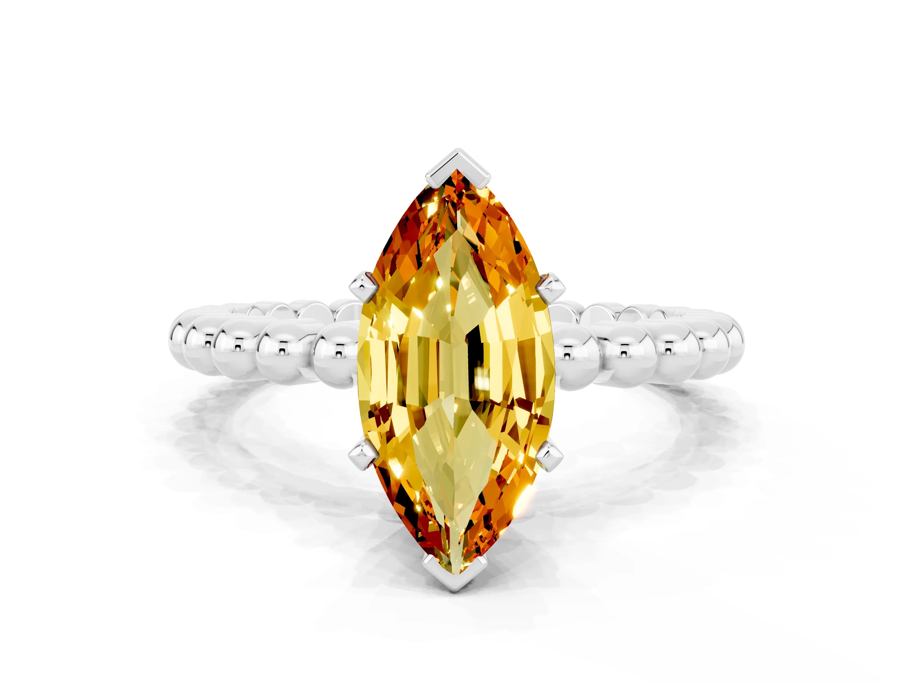 White gold Marquise Cut Citrine Solitaire Ring with Beaded Band and Prong Setting_12