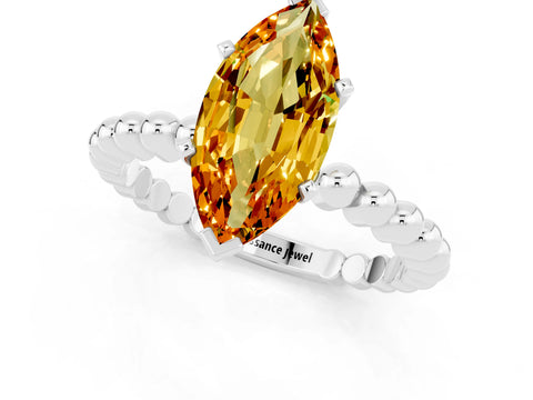 White gold Marquise Cut Citrine Solitaire Ring with Beaded Band and Prong Setting_1