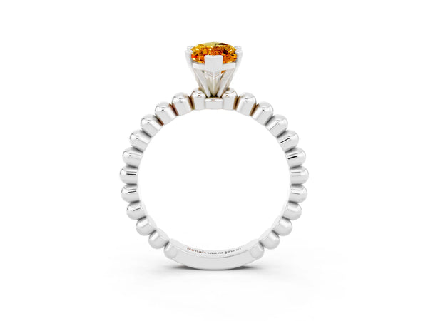 Platinum Marquise Cut Citrine Solitaire Ring with Beaded Band and Prong Setting