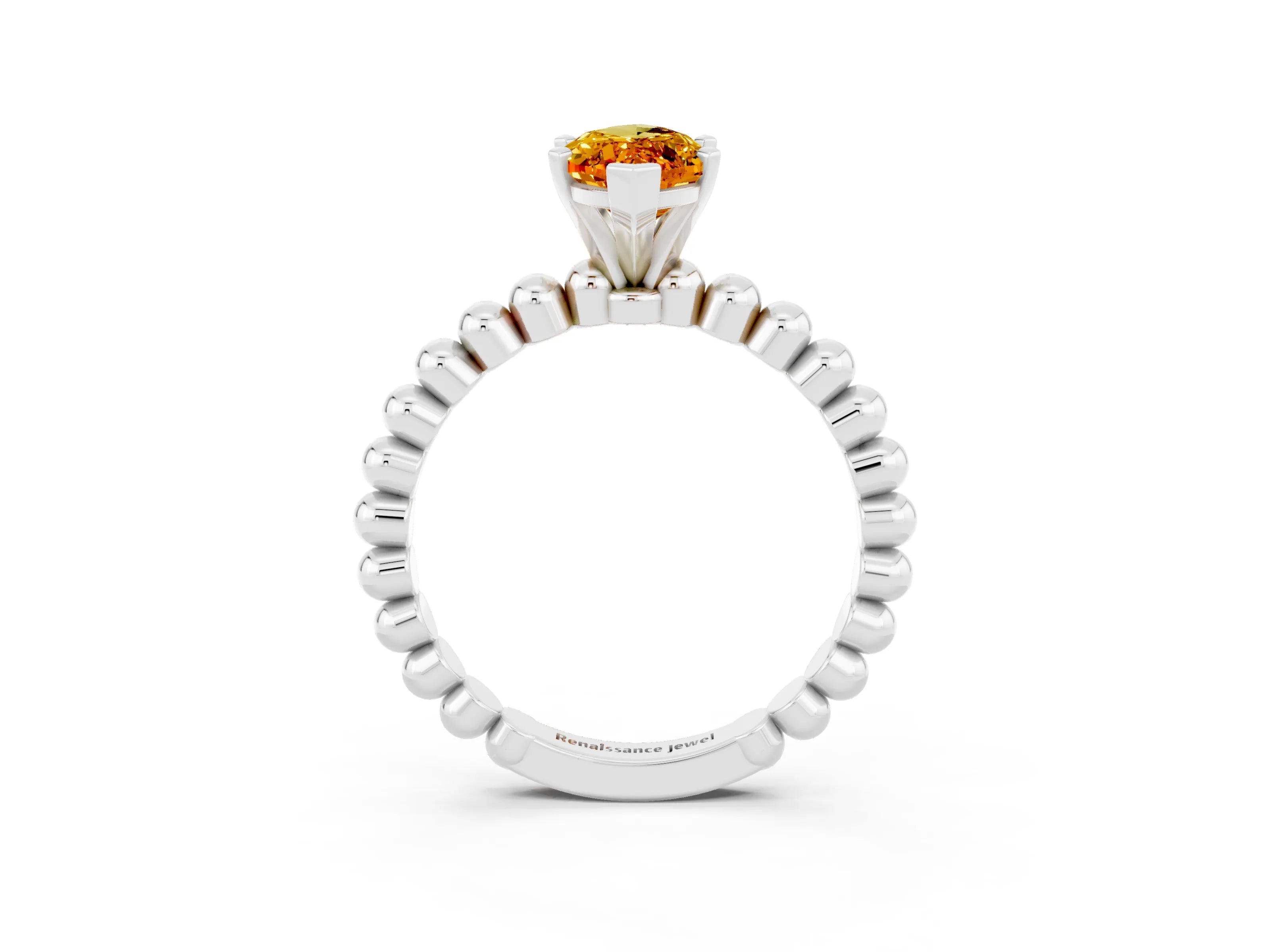 White gold Marquise Cut Citrine Solitaire Ring with Beaded Band and Prong Setting_3