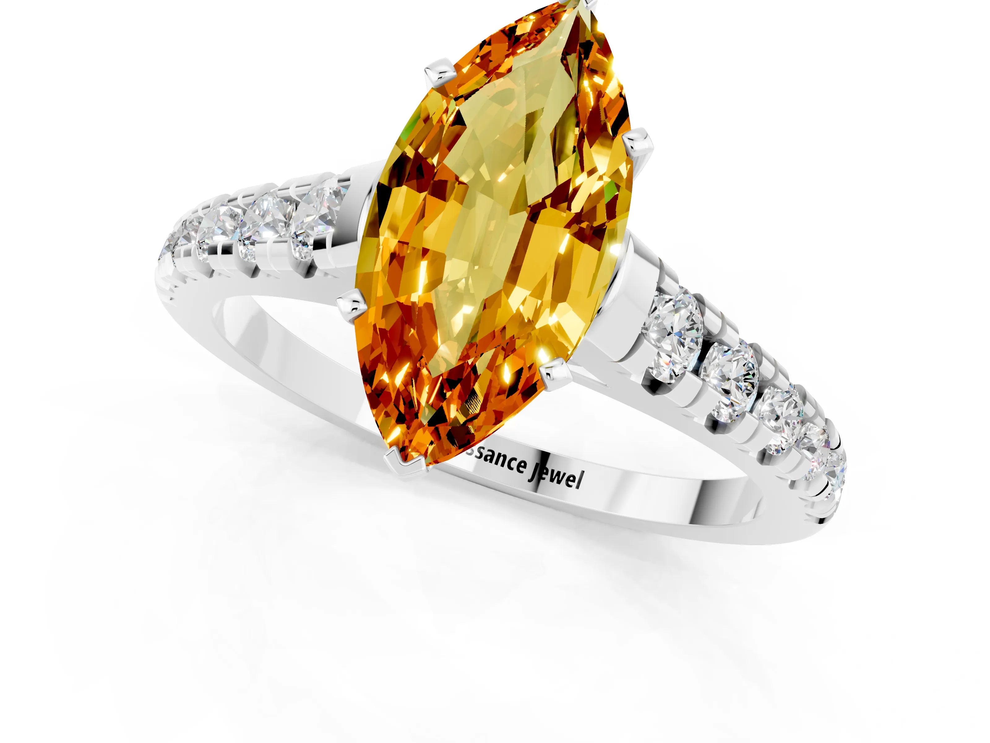 White gold Marquise Cut Citrine Solitaire Ring with Cathedral Setting and Pavé Band_1