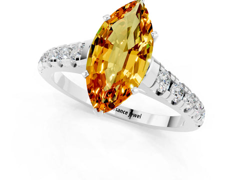 White gold Marquise Cut Citrine Solitaire Ring with Cathedral Setting and Pavé Band_1