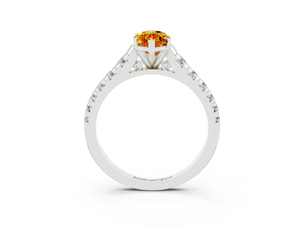 Silver Marquise Cut Citrine Cathedral Solitaire Ring with Round  Pavé Band