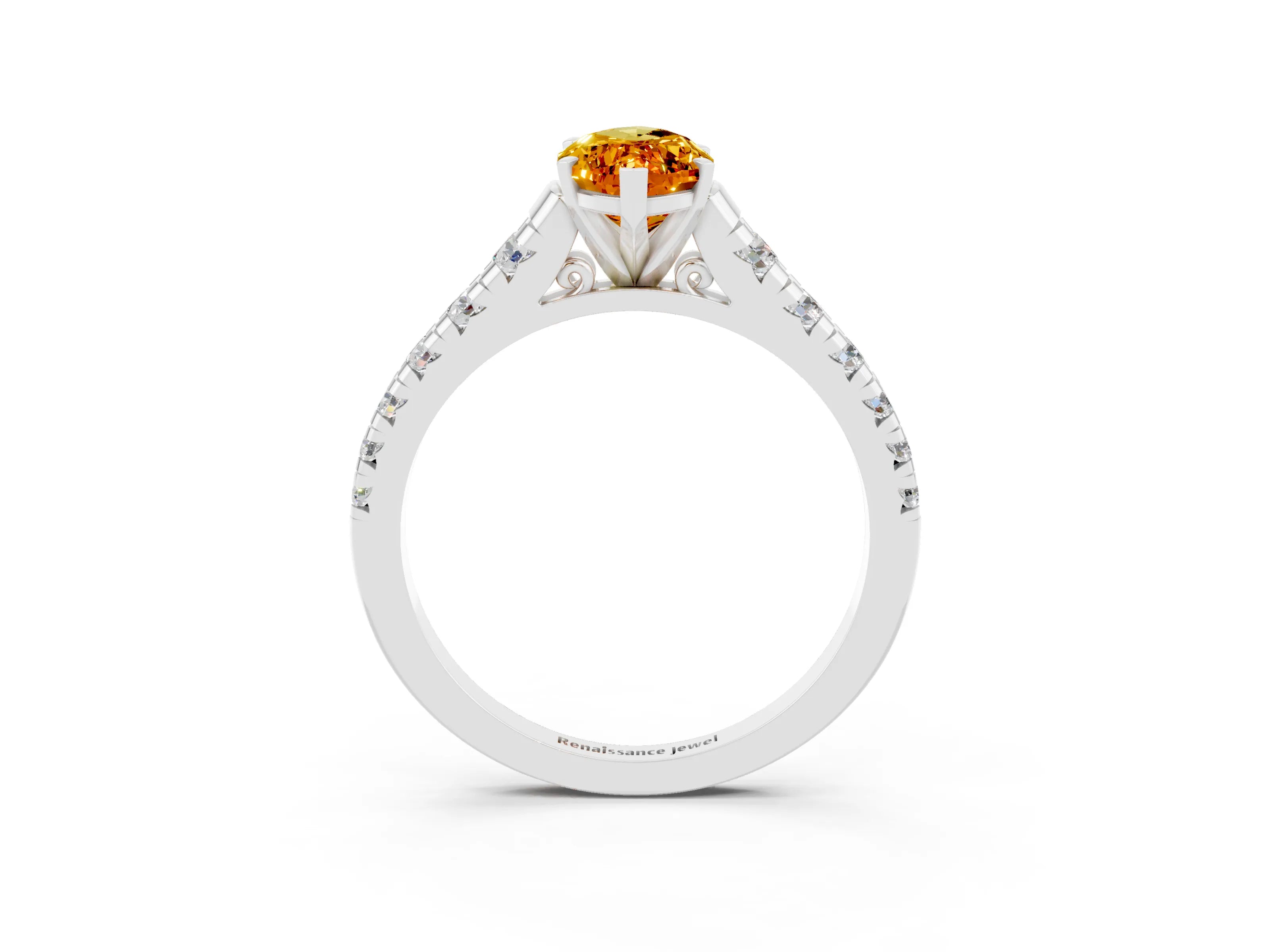 White gold Marquise Cut Citrine Solitaire Ring with Cathedral Setting and Pavé Band_3