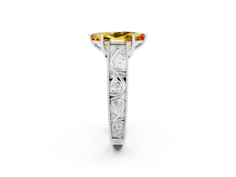 White gold Marquise Cut Citrine Solitaire Ring with Engraved Band and Four-Prong Setting_2