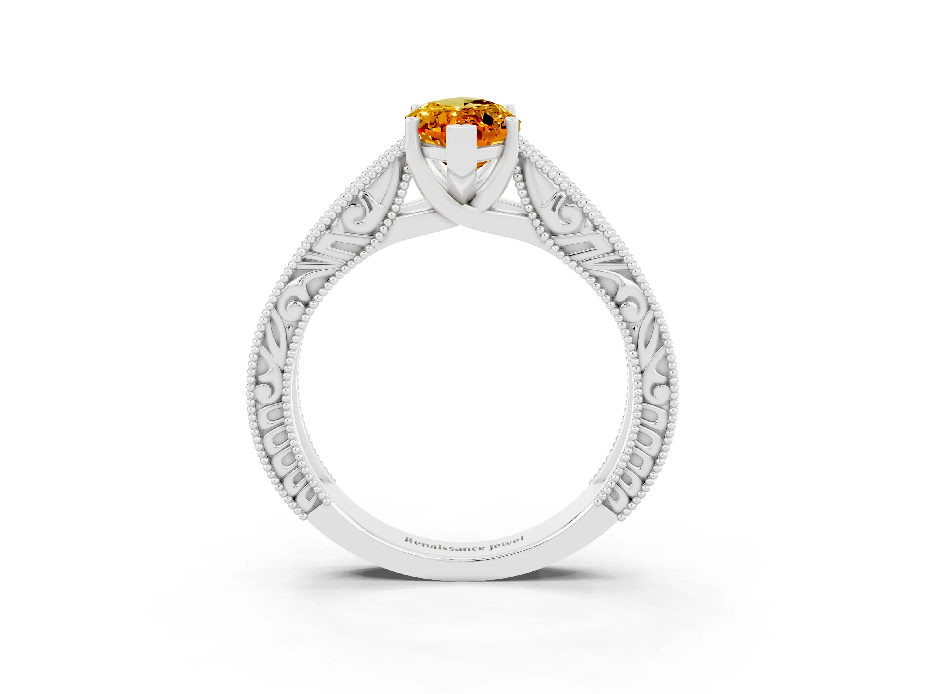 White gold Marquise Cut Citrine Solitaire Ring with Engraved Band and Four-Prong Setting_3