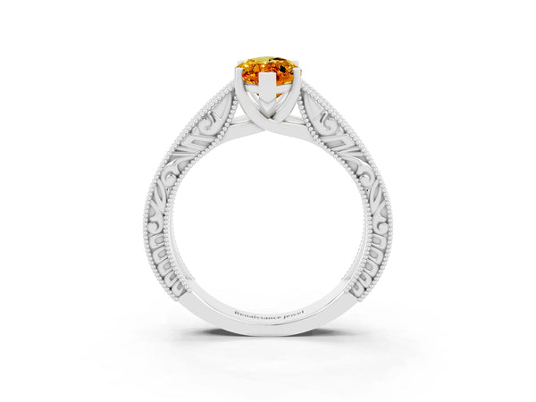 Silver Marquise Cut Citrine Solitaire Ring with Engraved Band and Four-Prong Setting