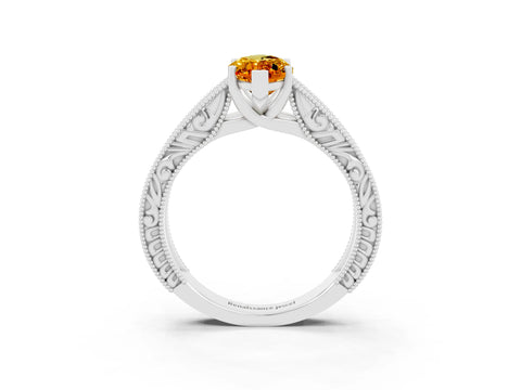White gold Marquise Cut Citrine Solitaire Ring with Engraved Band and Four-Prong Setting_3