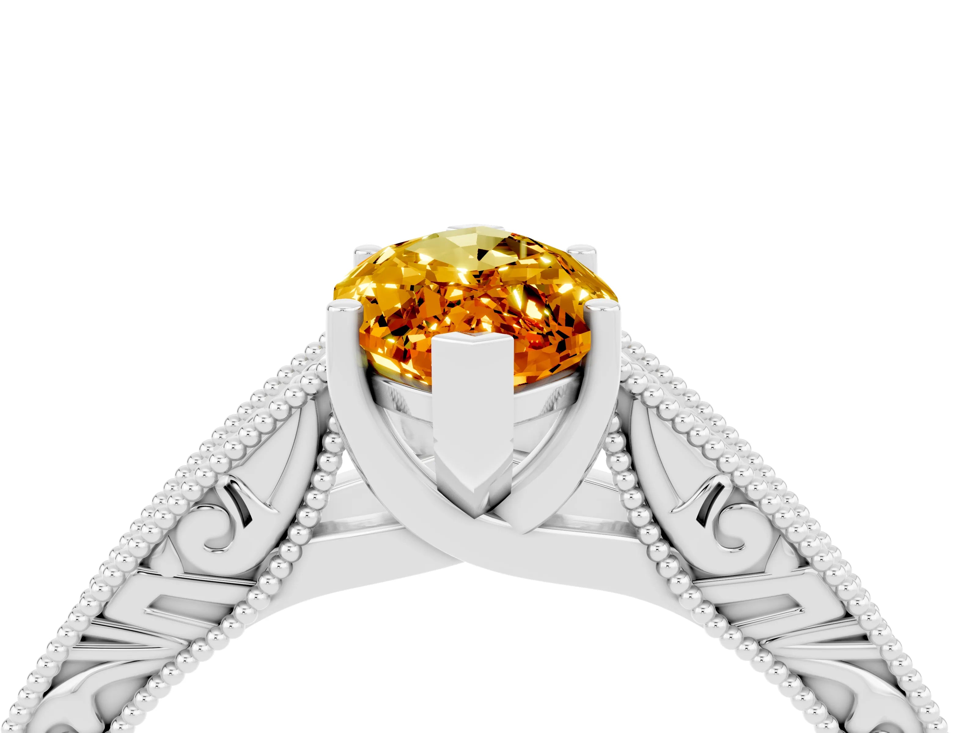 White gold Marquise Cut Citrine Solitaire Ring with Engraved Band and Four-Prong Setting_4