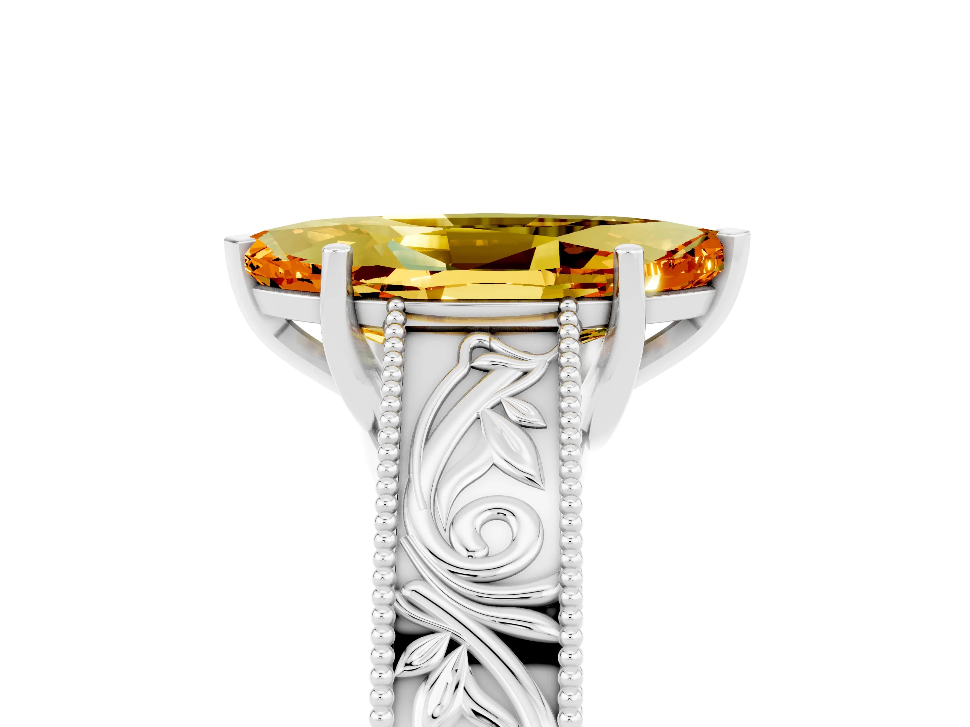 White gold Marquise Cut Citrine Solitaire Ring with Engraved Band and Four-Prong Setting_5