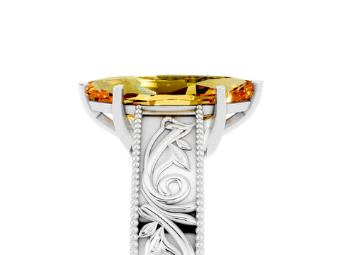 White gold Marquise Cut Citrine Solitaire Ring with Engraved Band and Four-Prong Setting_5