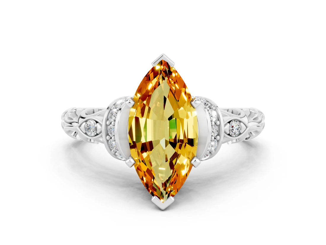 White gold Marquise Cut Citrine Solitaire Ring with Filigree Band and Four-Prong Setting_24