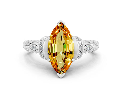 White gold Marquise Cut Citrine Solitaire Ring with Filigree Band and Four-Prong Setting_24