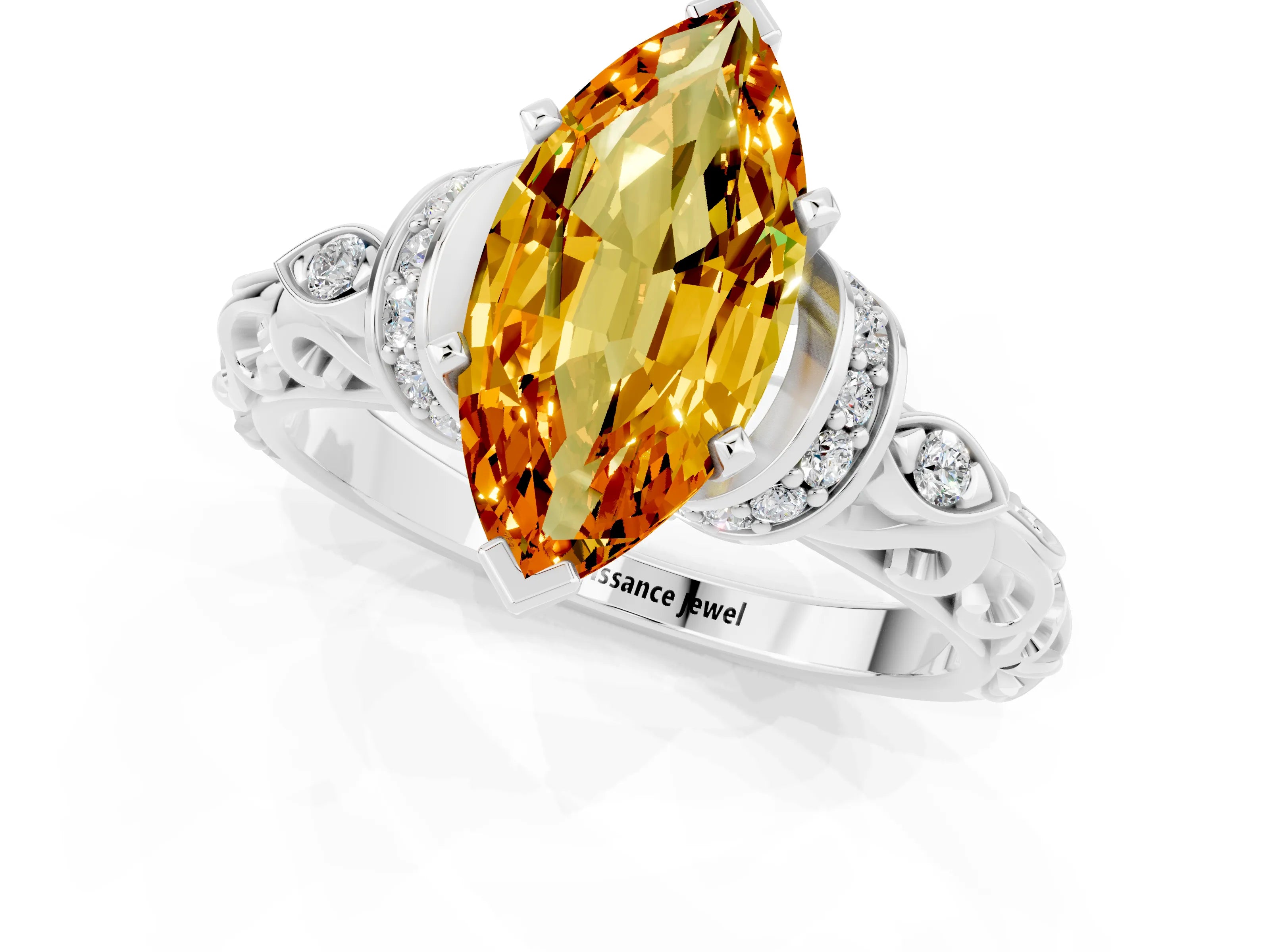 White gold Marquise Cut Citrine Solitaire Ring with Filigree Band and Four-Prong Setting_25