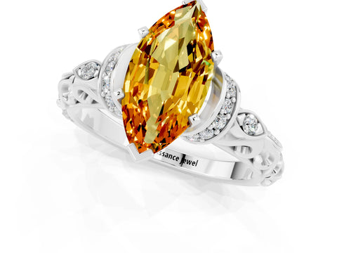 White gold Marquise Cut Citrine Solitaire Ring with Filigree Band and Four-Prong Setting_25
