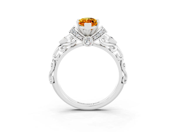 Platinum Marquise Cut Citrine Solitaire Ring with Filigree Band and Four-Prong Setting