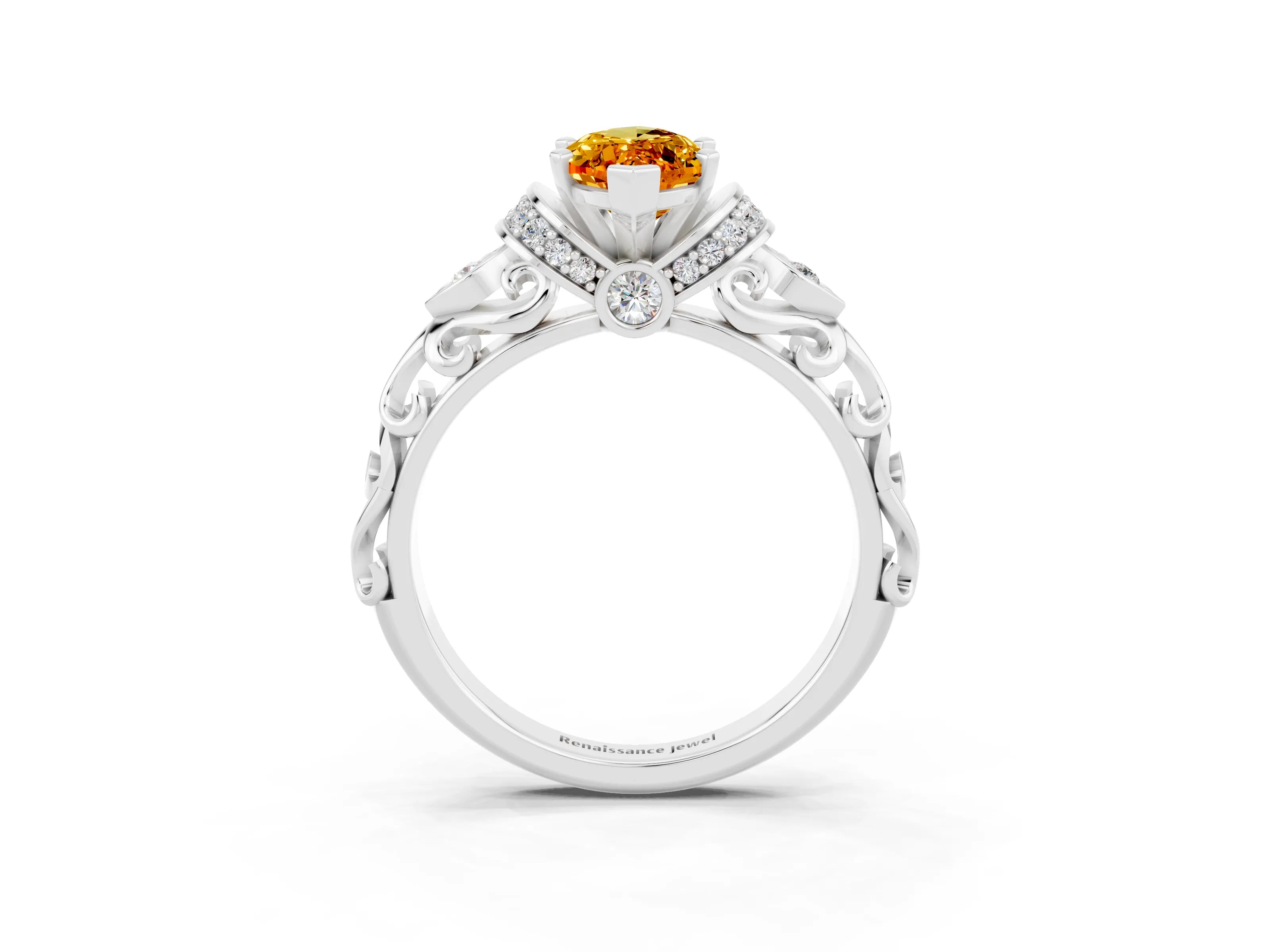 White gold Marquise Cut Citrine Solitaire Ring with Filigree Band and Four-Prong Setting_27