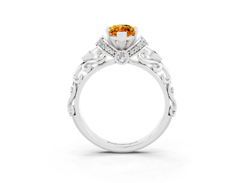 White gold Marquise Cut Citrine Solitaire Ring with Filigree Band and Four-Prong Setting_27