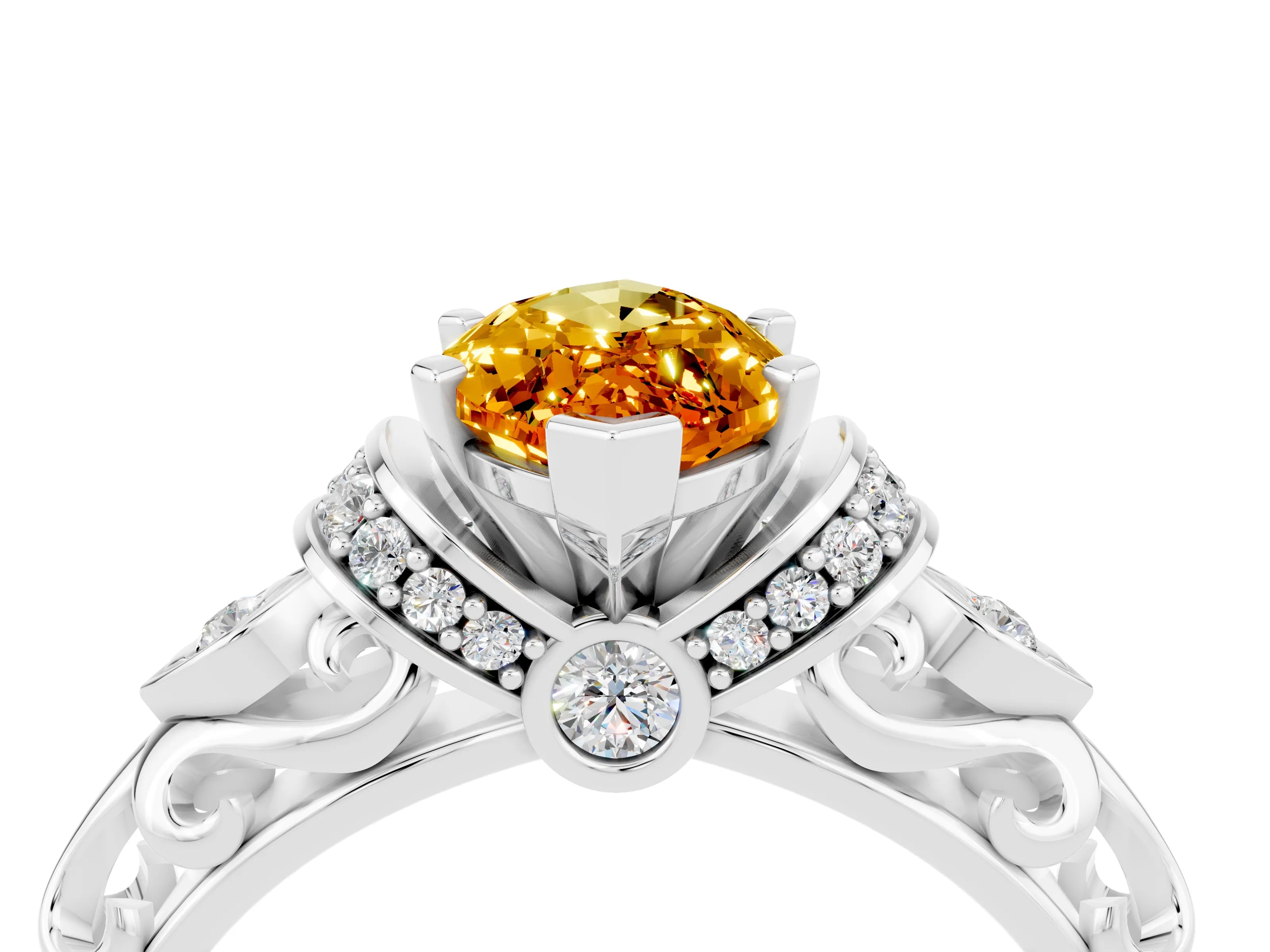 White gold Marquise Cut Citrine Solitaire Ring with Filigree Band and Four-Prong Setting_28
