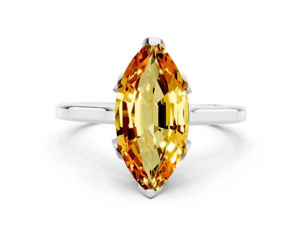 White gold Marquise Cut Citrine Solitaire Ring with Flower Prong Setting and Classic Band