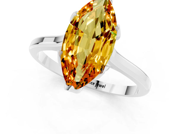 White gold Marquise Cut Citrine Solitaire Ring with Flower Prong Setting and Classic Band