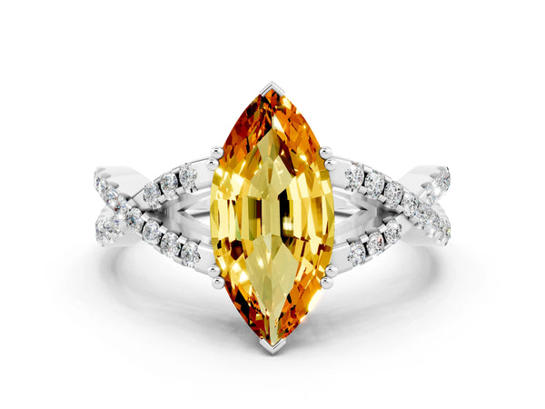 Platinum Marquise Cut Citrine Solitaire Ring with Four-Prong Setting and Twisted Pavé Band