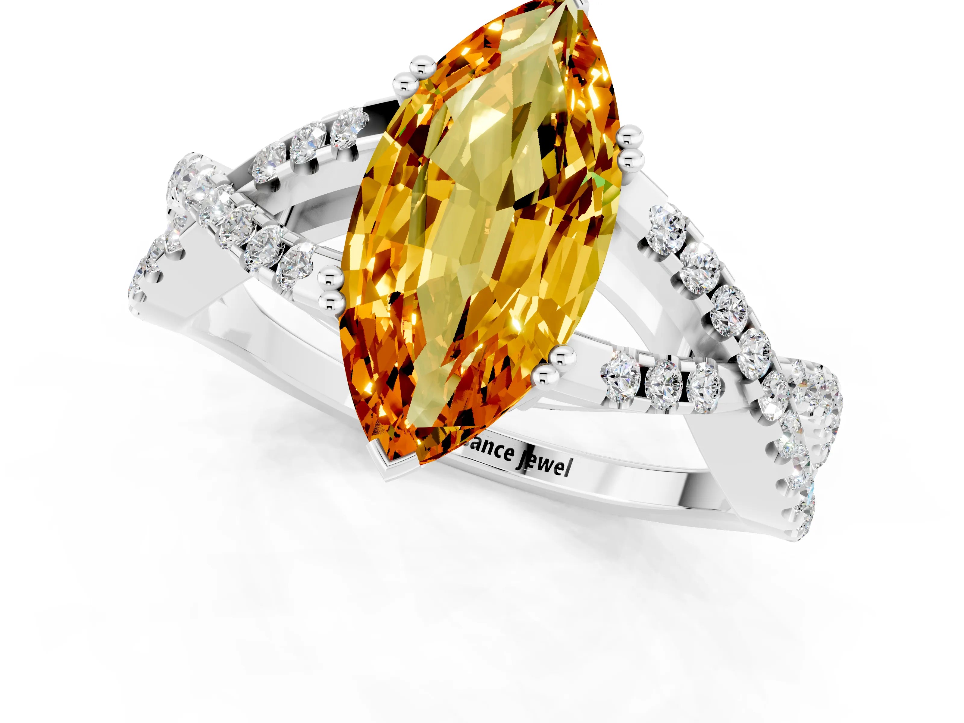 White gold Marquise Cut Citrine Solitaire Ring with Four-Prong Setting and Twisted Pavé Band_1