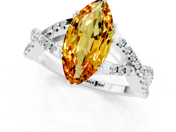 Silver Marquise Cut Citrine Solitaire Ring with Four-Prong Setting and Twisted Pavé Band