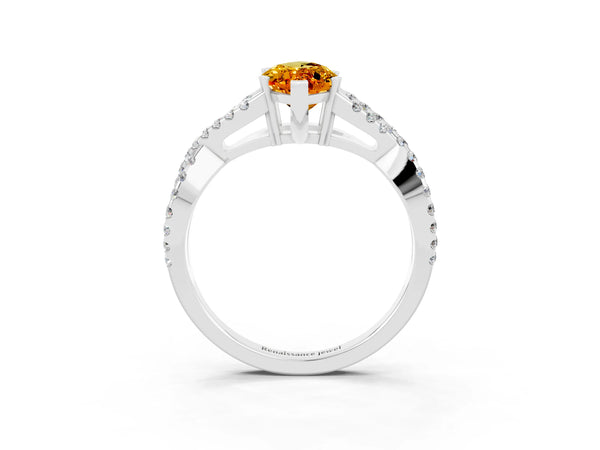 Silver Marquise Cut Citrine Solitaire Ring with Four-Prong Setting and Twisted Pavé Band