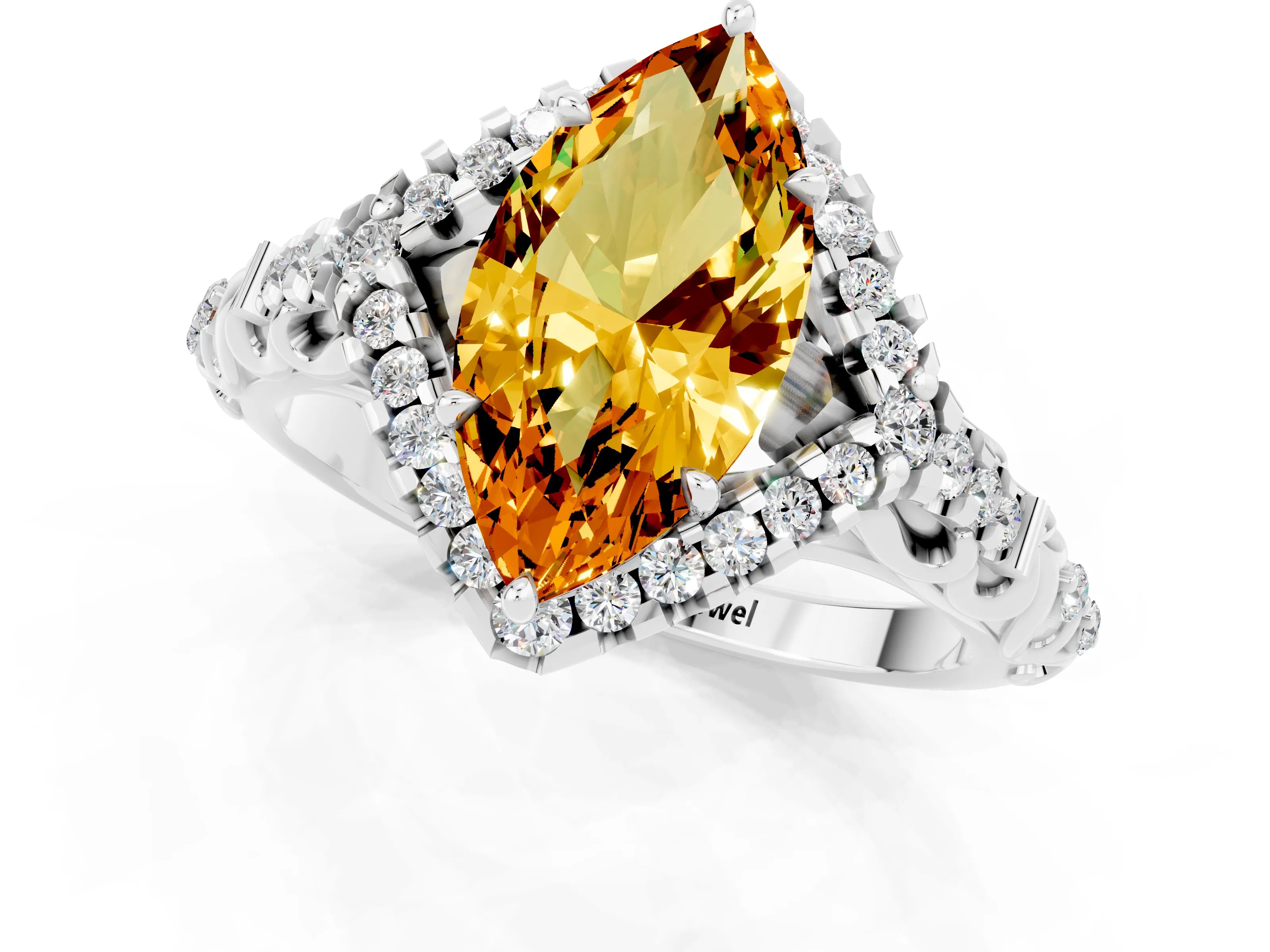 White gold Marquise Cut Citrine Solitaire Ring with Hidden Halo and Pavé Band_13