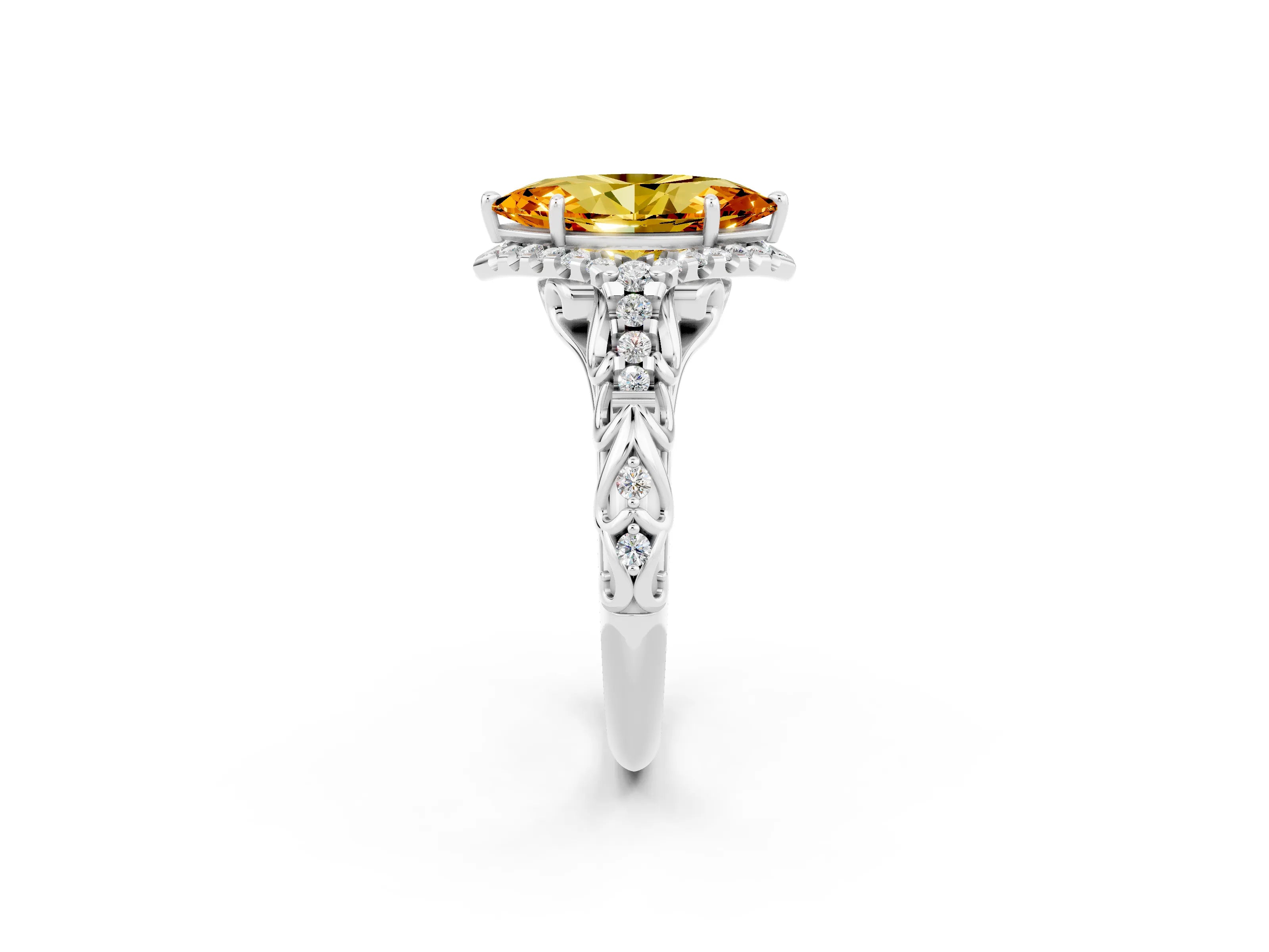 White gold Marquise Cut Citrine Solitaire Ring with Hidden Halo and Pavé Band_14