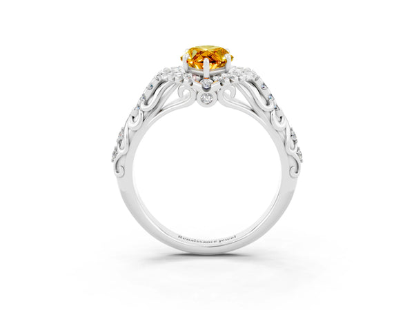 Platinum Marquise Cut Citrine Solitaire Ring with Hidden Halo and Pavé Band