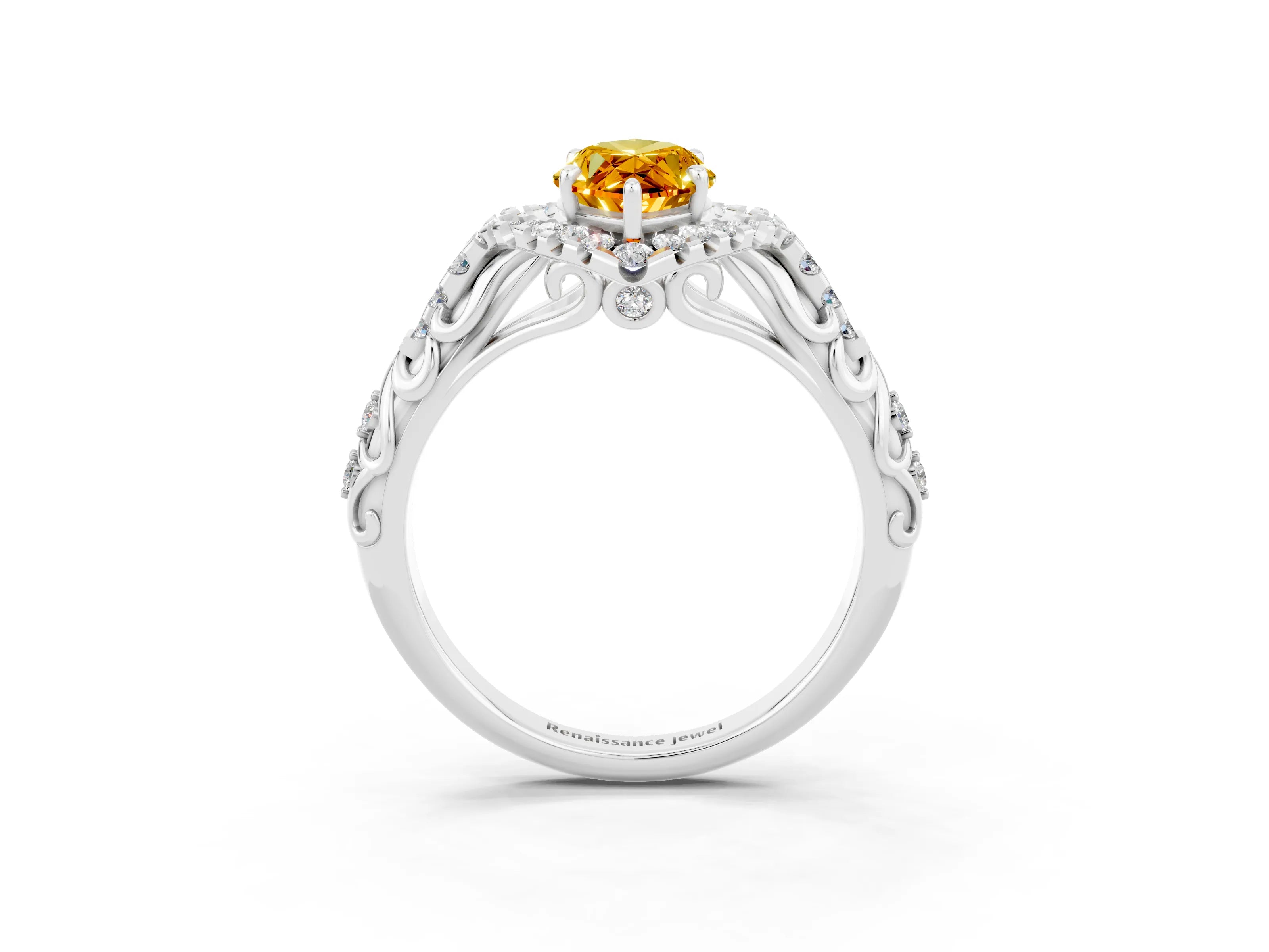 White gold Marquise Cut Citrine Solitaire Ring with Hidden Halo and Pavé Band_15