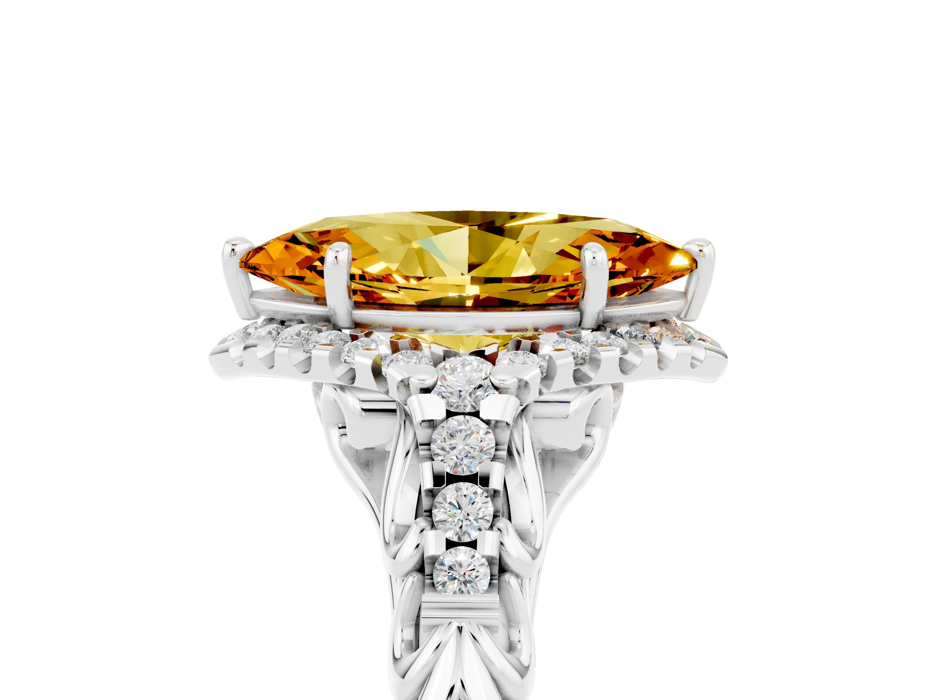 White gold Marquise Cut Citrine Solitaire Ring with Hidden Halo and Pavé Band_17