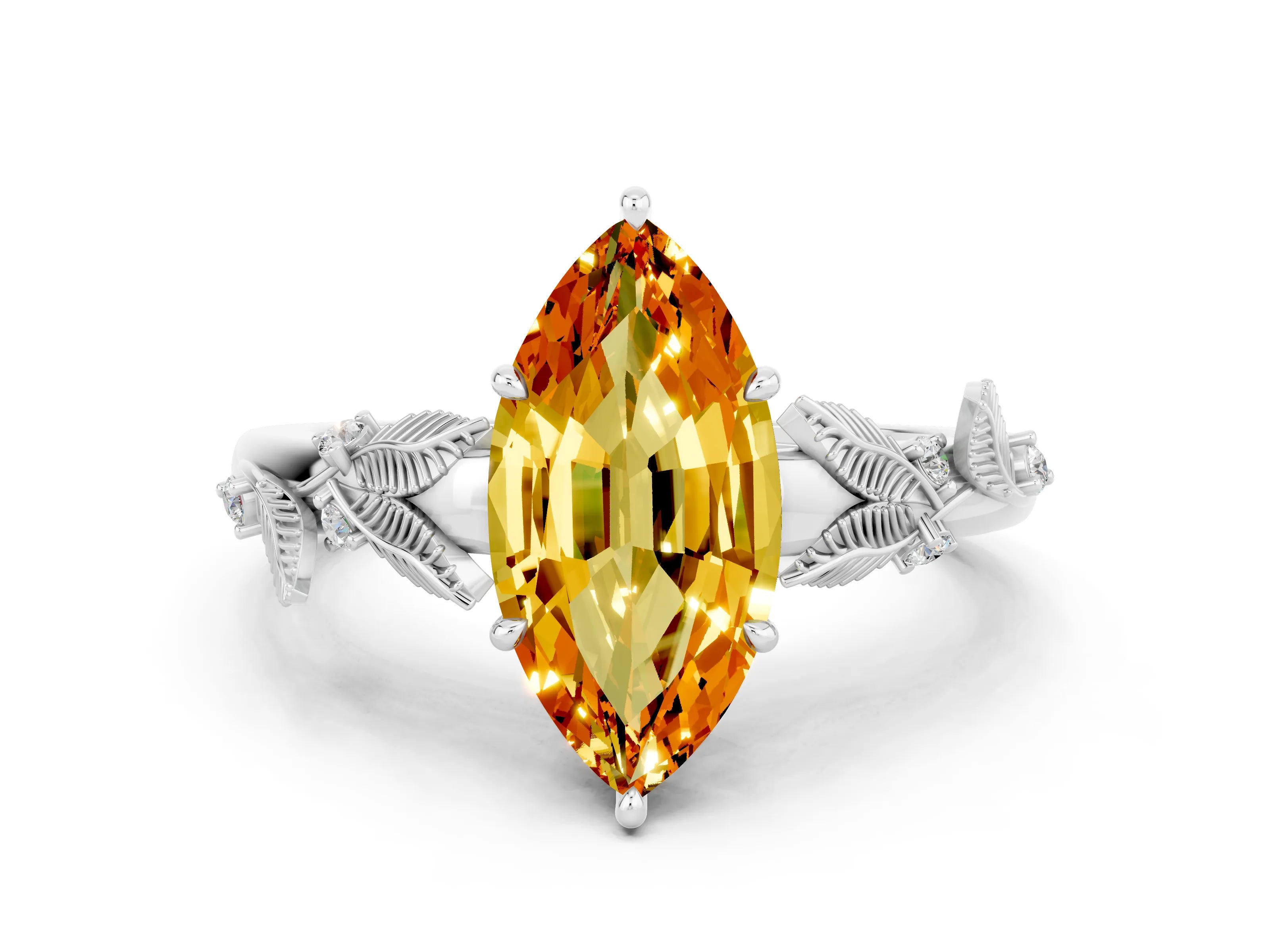 White gold Marquise Cut Citrine Solitaire Ring with Leaf Motif Band and Four-Prong Setting_12