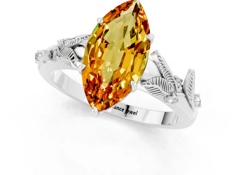 White gold Marquise Cut Citrine Solitaire Ring with Leaf Motif Band and Four-Prong Setting_13
