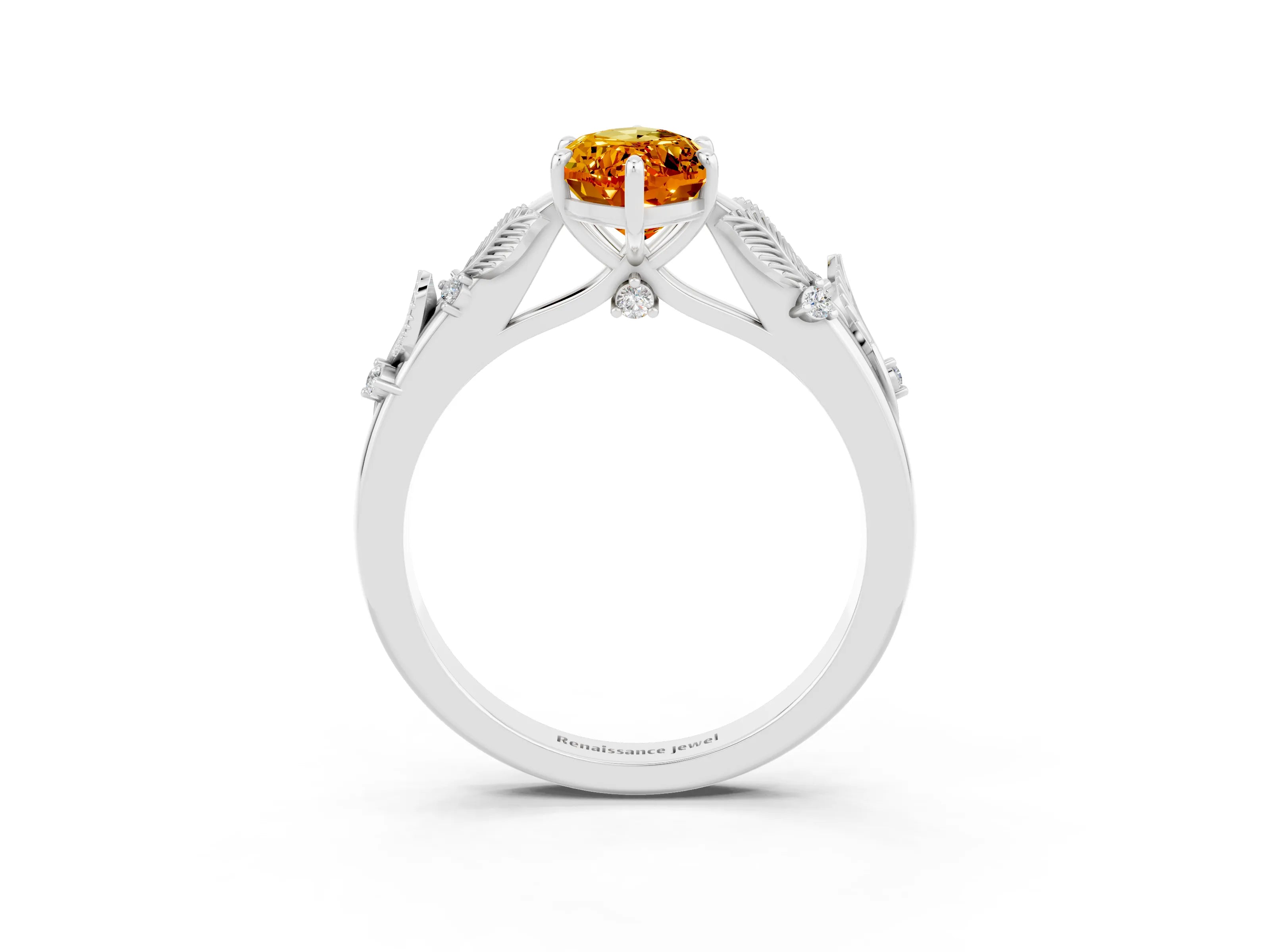 White gold Marquise Cut Citrine Solitaire Ring with Leaf Motif Band and Four-Prong Setting_15