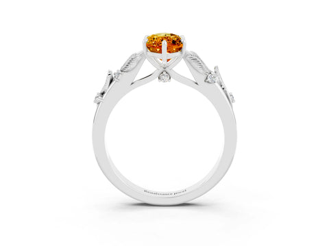 White gold Marquise Cut Citrine Solitaire Ring with Leaf Motif Band and Four-Prong Setting_15