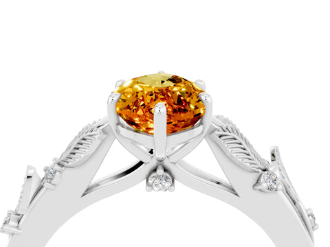 White gold Marquise Cut Citrine Solitaire Ring with Leaf Motif Band and Four-Prong Setting_16