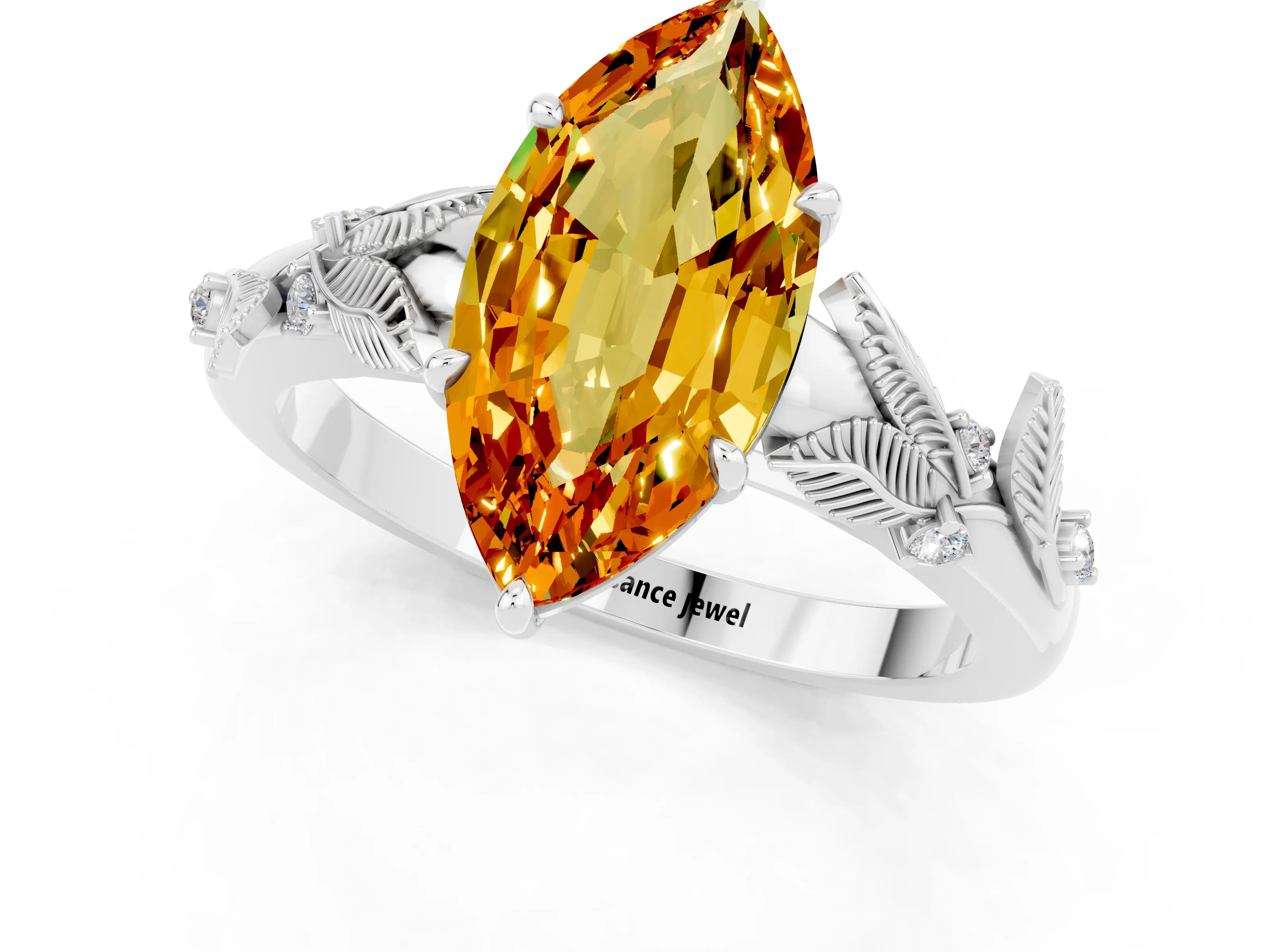 White gold Marquise Cut Citrine Solitaire Ring with Leaf Motif Band and Four-Prong Setting_1