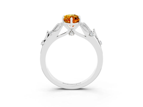 Platinum Marquise Cut Citrine Solitaire Ring with Leaf Motif Band and Four-Prong Setting