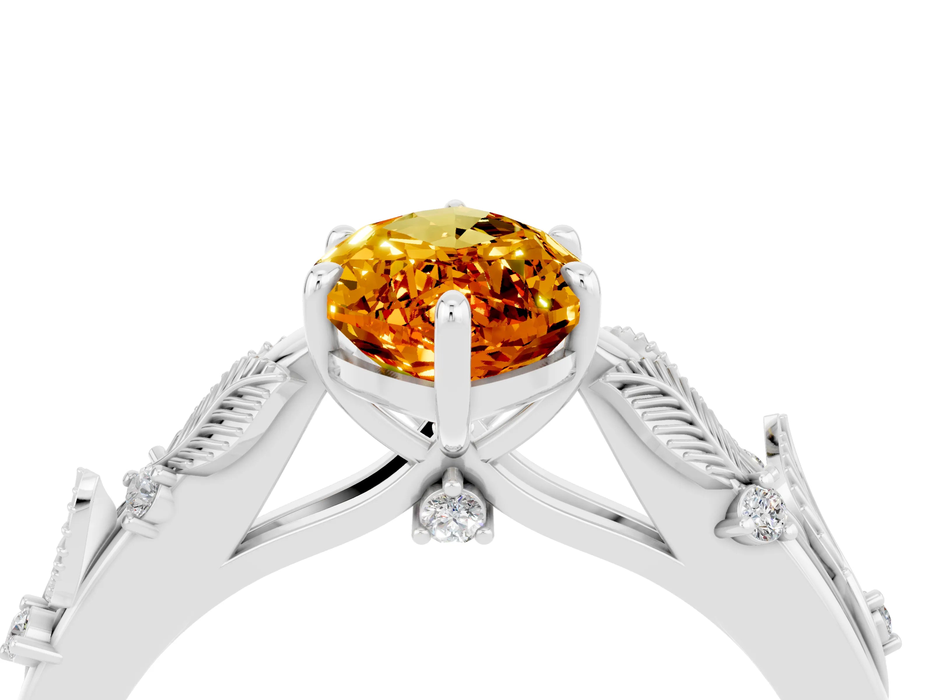 White gold Marquise Cut Citrine Solitaire Ring with Leaf Motif Band and Four-Prong Setting_4
