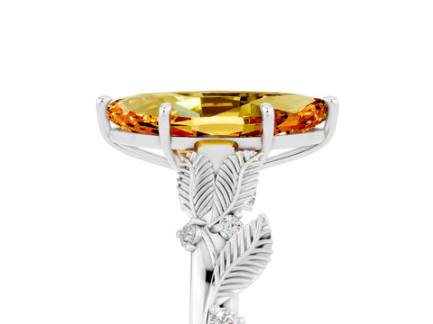 White gold Marquise Cut Citrine Solitaire Ring with Leaf Motif Band and Four-Prong Setting_5