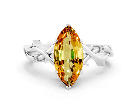 White gold Marquise Cut Citrine Solitaire Ring with Milgrain Pavé Band and Four-Prong Setting_12