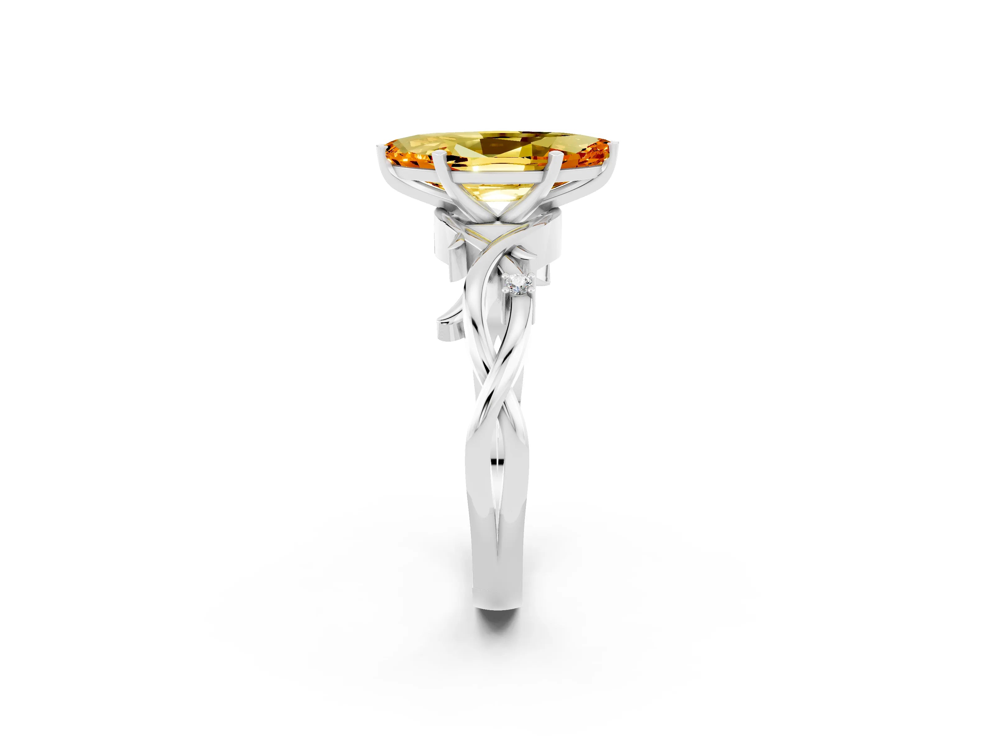 White gold Marquise Cut Citrine Solitaire Ring with Milgrain Pavé Band and Four-Prong Setting_14