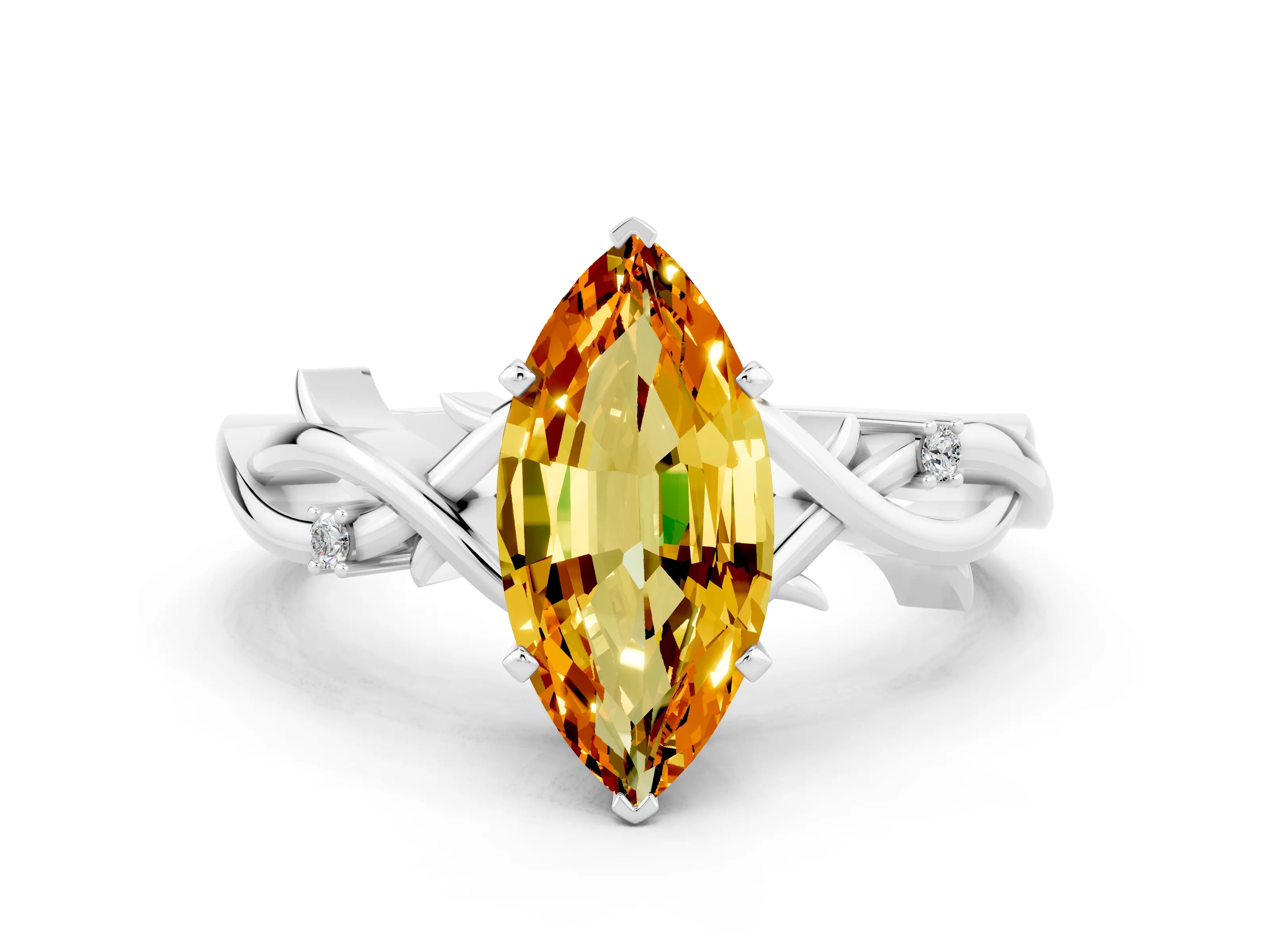 White gold Marquise Cut Citrine Solitaire Ring with Milgrain Pavé Band and Four-Prong Setting_36