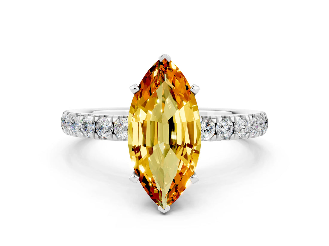 White gold Marquise Cut Citrine Solitaire Ring with Pavé Accents and Four-Prong Setting