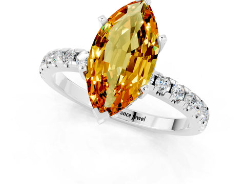 White gold Marquise Cut Citrine Solitaire Ring with Pavé Band and Four-Prong Setting_25