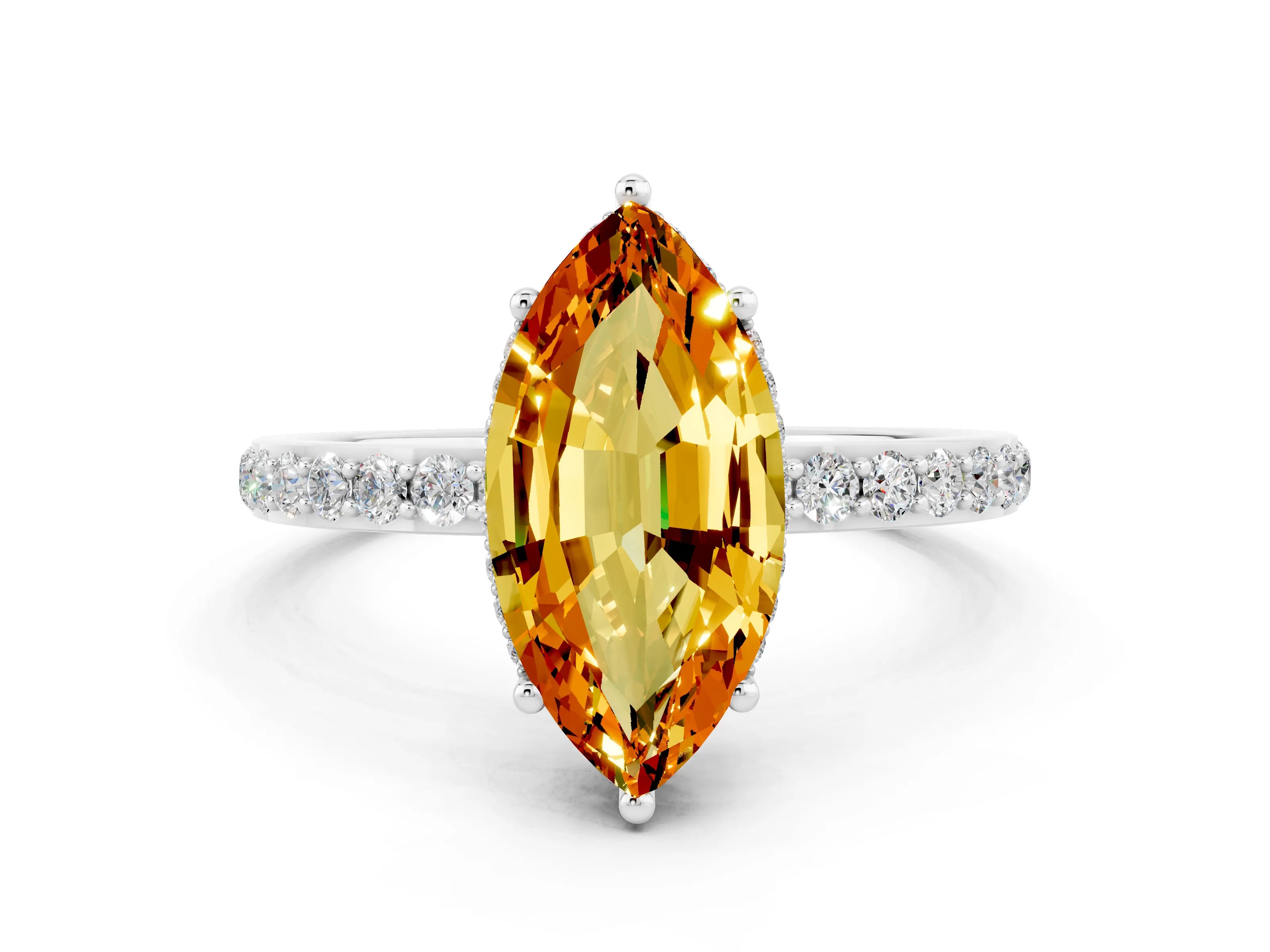 White gold Marquise Cut Citrine Solitaire Ring with Pavé Band and Hidden Halo