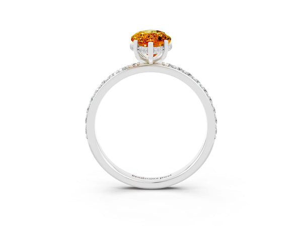 Platinum Marquise Cut Citrine Solitaire Ring with Pavé Band and Hidden Halo